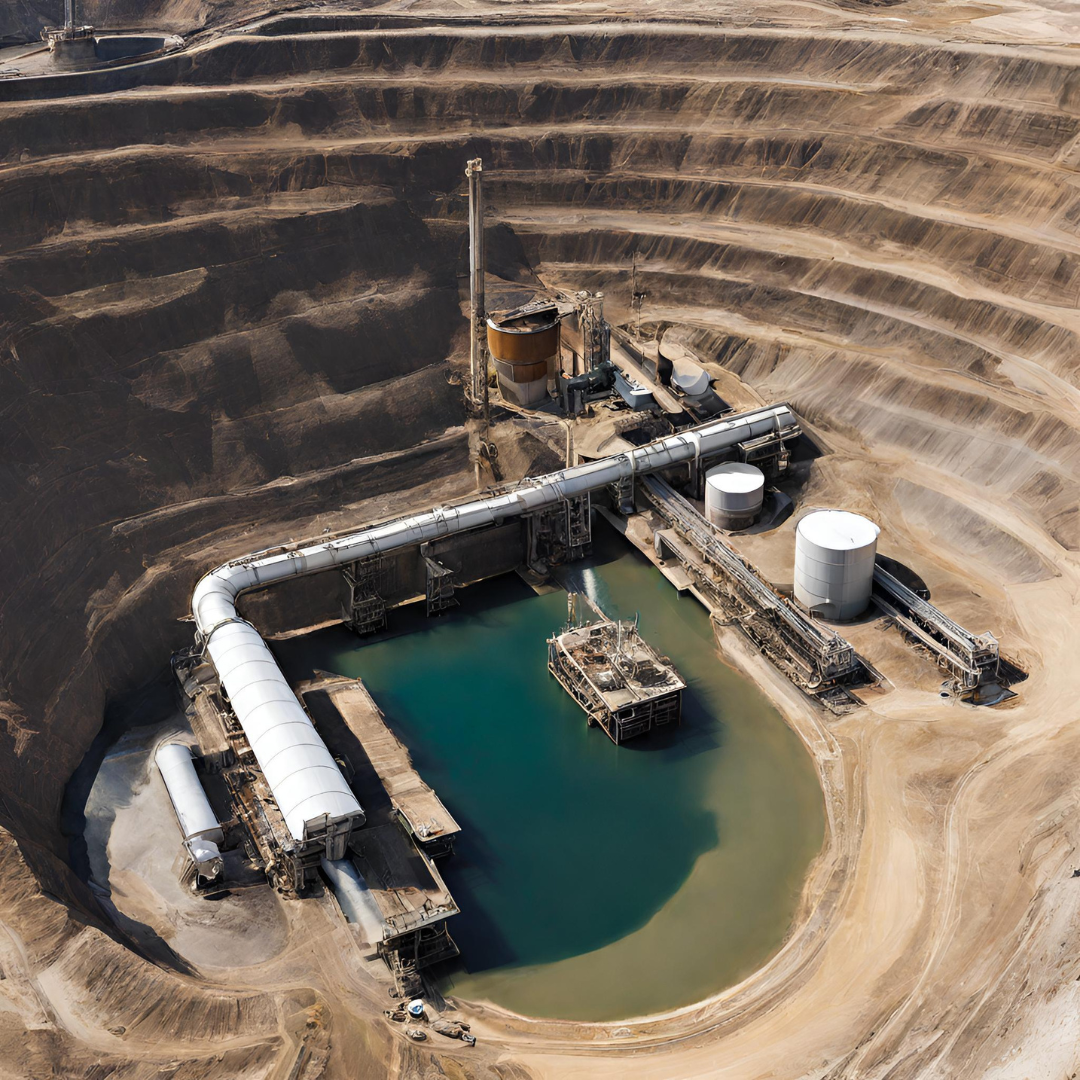 A large pit with a large pipe and water for Mining Industry
